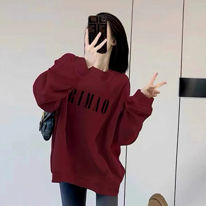 加绒加厚卫衣秋冬季酒红色连帽帽衫宽松百搭慵懒风大款潮ins