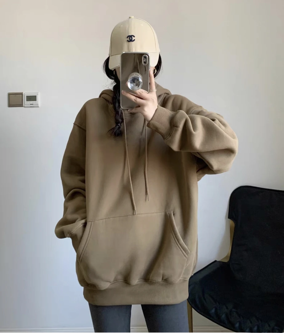 加绒卫衣女连帽中长款宽松百搭韩版慵懒大版情侣长袖渐变丁达尔风