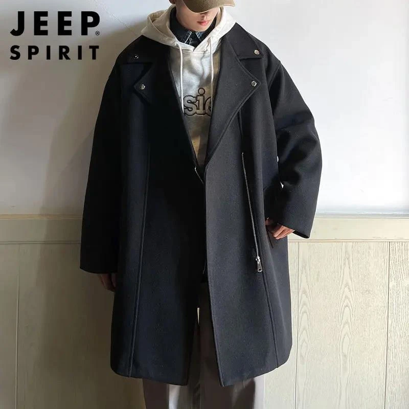 Jeep吉普毛呢大衣男士冬季新款西装领毛呢外套中长版休闲韩版风衣