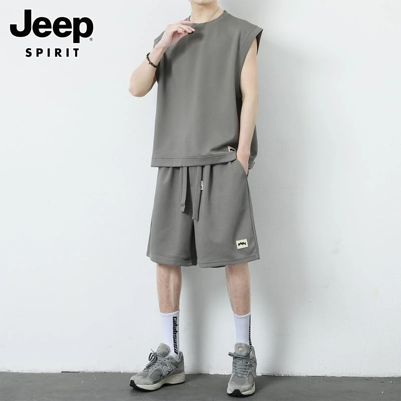 Jeep吉普休闲运动套装男士夏季新款宽松薄款背心冰丝无袖t恤短裤