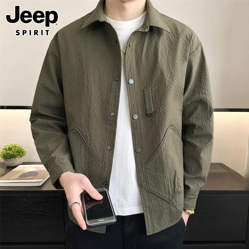 Jeep吉普泡泡纱夹克男士春秋新款透气翻领高级感潮流百搭休闲外套
