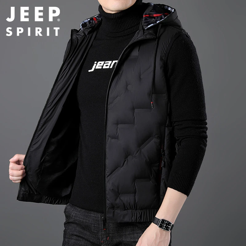 Jeep吉普羽绒马甲男士秋冬季假两件立领背心白鸭绒加厚保暖外套潮