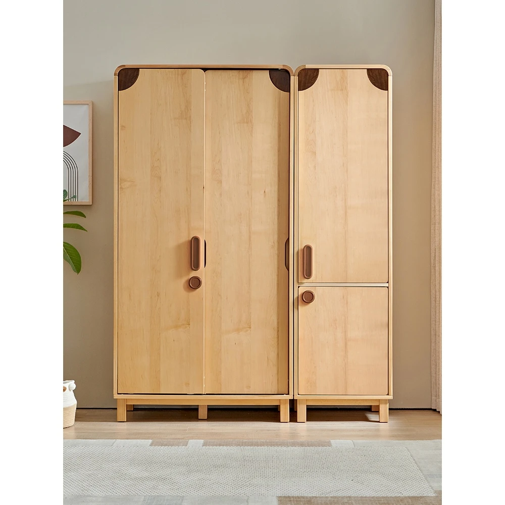 客厅家用实木儿童衣柜原木风男孩女孩成长型衣柜小户型推拉门衣橱
