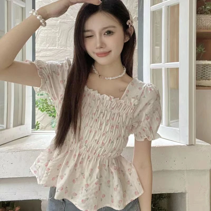碎花气质收腰一字肩韩版修身甜美雪纺衫显瘦小众褶皱泡泡袖短款