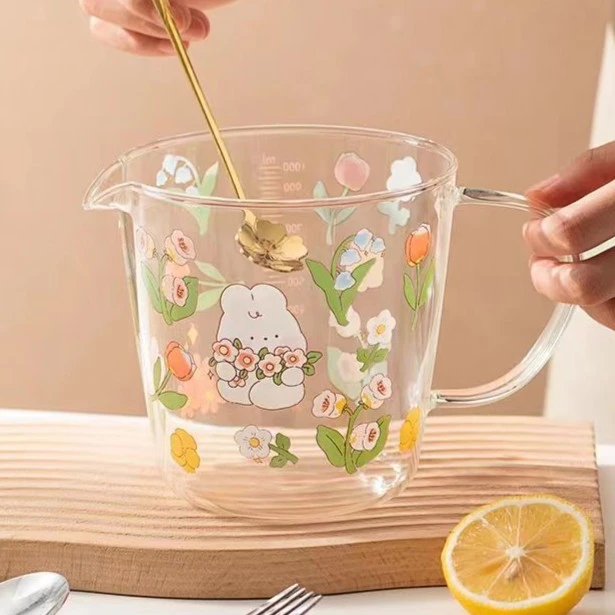 花与兔大容量料理杯高硼硅玻璃杯量杯刻度杯ins风印花耐热