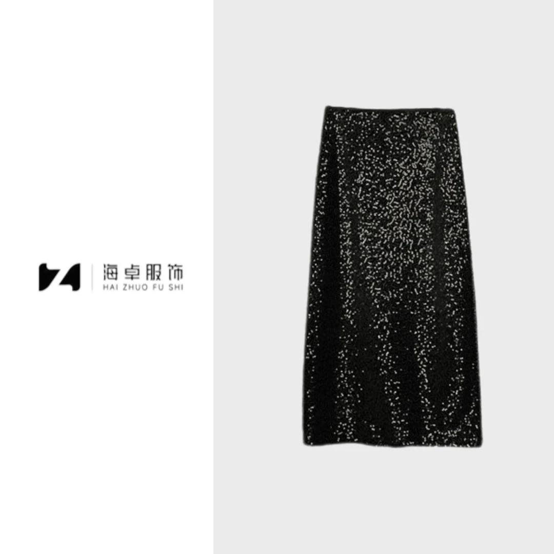 【靓丽一生】海卓~2024亮片时尚后开叉气质高腰显瘦半身裙3143
