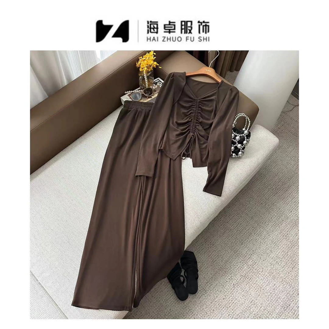 海卓服饰#韩版时尚显瘦洋气抽绳长袖上衣直筒拖地裤两件套21092