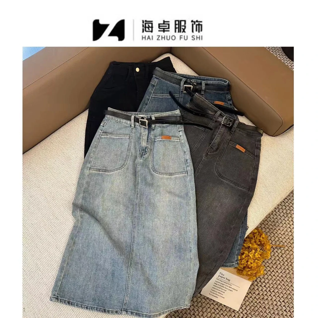 海卓服饰#高腰显瘦百搭中长款后开叉双口袋牛仔半身裙3902