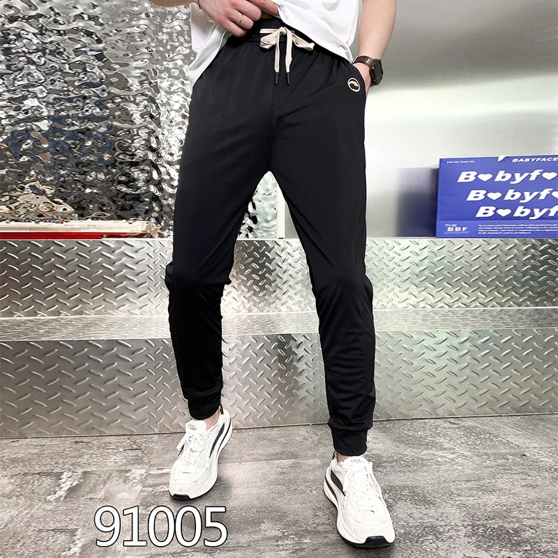 夏季休闲裤韩版修身小脚运动裤男潮牌黑色束脚薄款透气男裤91005