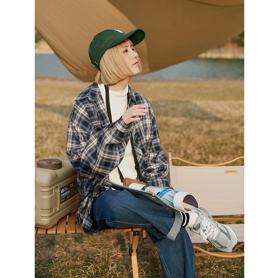 hothorse/火山马CS03284 日系复古格子长袖衬衫街头宽松休闲衬衣