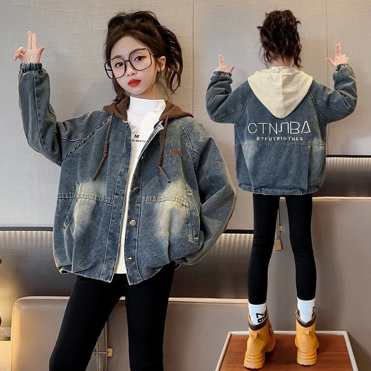 女 童时髦牛仔外套连帽春秋季韩版2024牛仔衣中大童休闲网红上衣