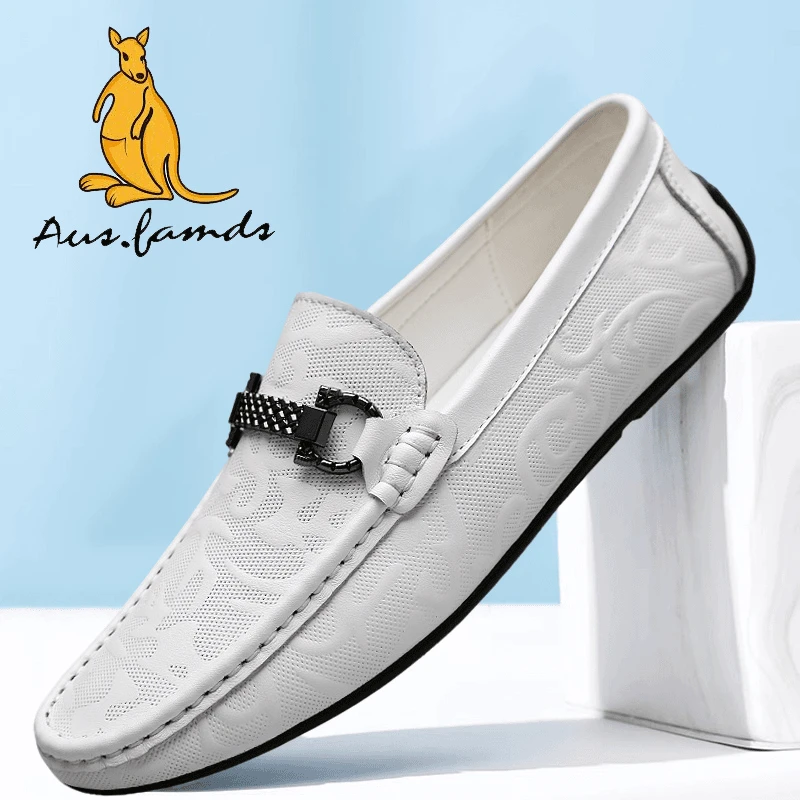 澳洲名袋鼠透气时尚休闲皮鞋潮流百搭软底男士驾车鞋舒适春季白色