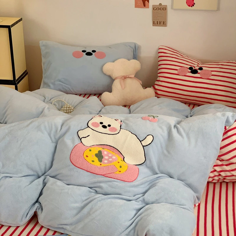 喜番丨卷卷猫 A类牛奶绒三件套四件套 冬季加厚保暖毛巾绣 可爱风