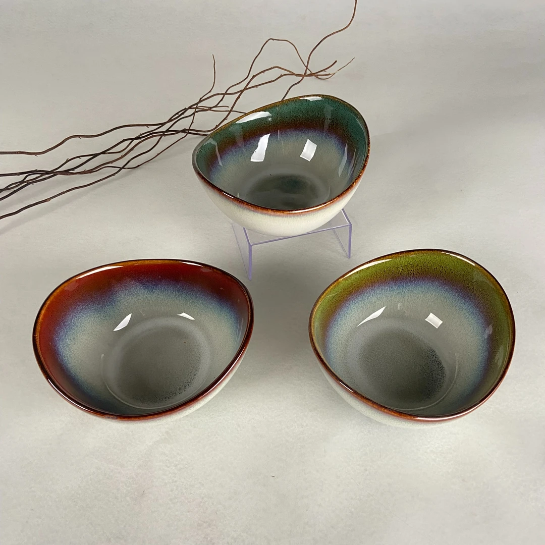 福利窑变水墨红水墨草绿手工元宝大号家用沙拉碗面碗6.5英寸陶瓷