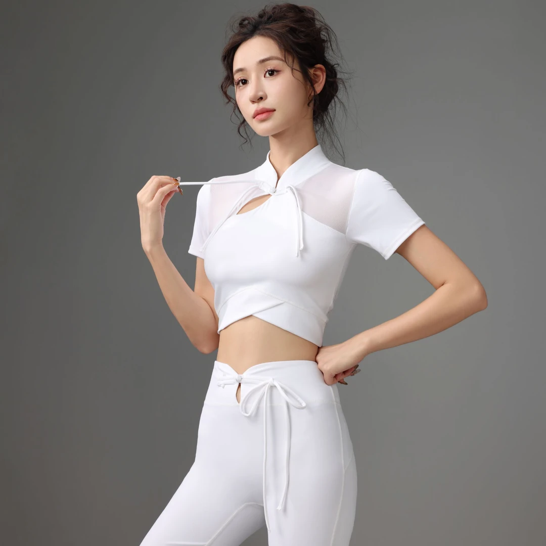 爆款国风拼沙修身显瘦莱卡裸感运动短袖742