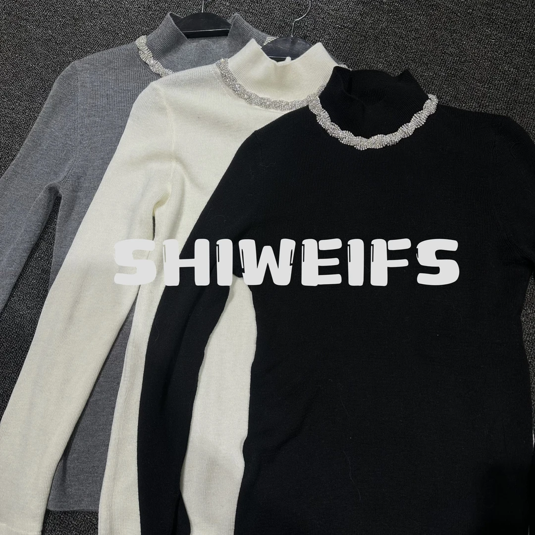 时微服饰【月照香浓】设计师款针织高领带钻毛衣