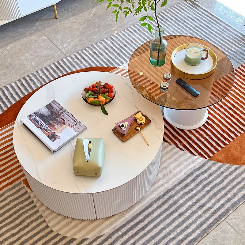 北欧ins风圆茶几组合极简约现代客厅小户型岩板奶油风家具