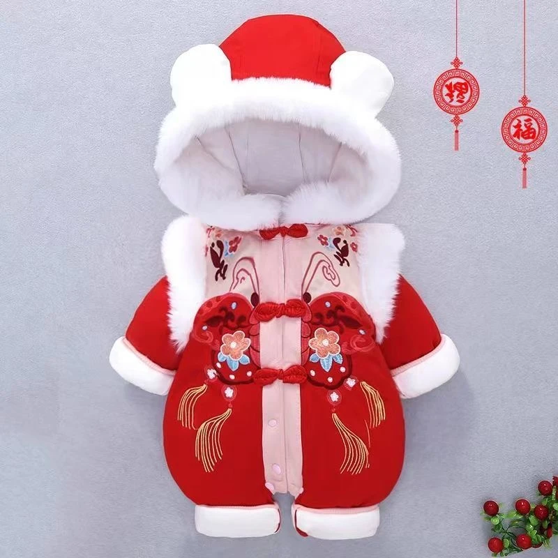 婴儿连体衣拜年服冬装女宝宝连体衣新年装衣服过年保暖加厚红色