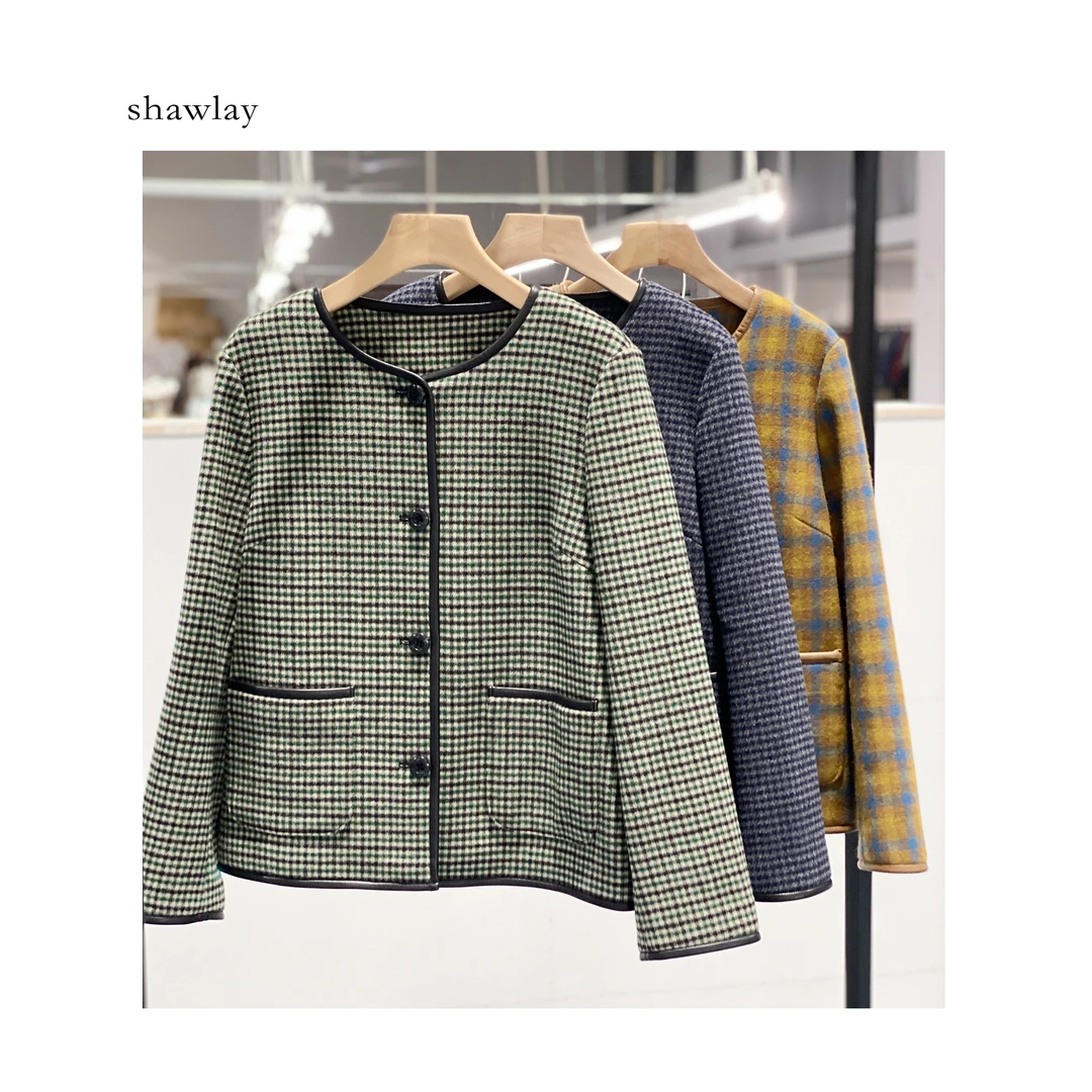 复古小圆领秋冬小香风格子短外套CL2297
