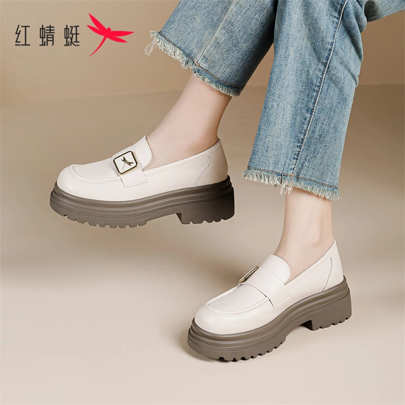 红蜻蜓好穿舒适辣妈小皮鞋女2025秋秋新款气质百搭圆头透气乐福鞋