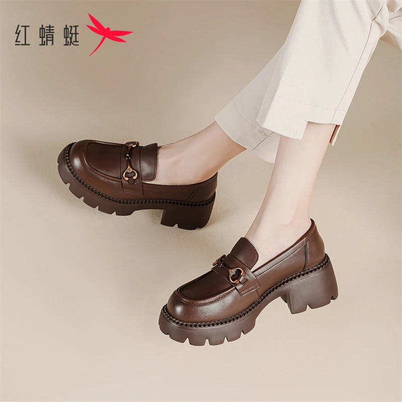 红蜻蜓鞋子女乐福鞋2025新款秋秋季棕色粗跟单鞋一脚蹬女鞋小皮鞋