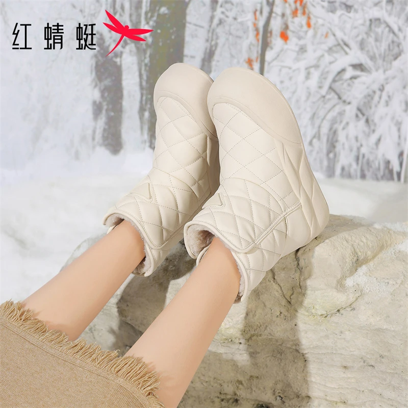红蜻蜓加绒加厚雪地靴女2025冬季新款防寒保暖一脚蹬舒适厚底棉鞋