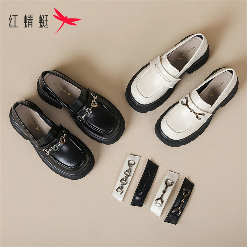 红蜻蜓女鞋乐福鞋新款2023厚底松糕鞋真皮黑色高跟英伦风小皮鞋女