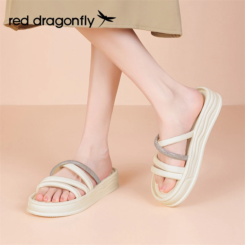 红蜻蜓厚底半拖鞋女2025秋季新款外穿沙滩凉鞋休闲百搭水钻凉拖鞋