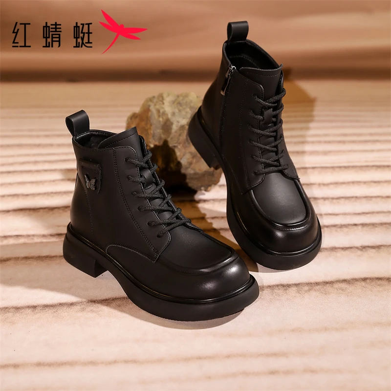 红蜻蜓英伦风马丁靴女2025秋冬新款复古厚底显瘦百搭黑色通勤短靴