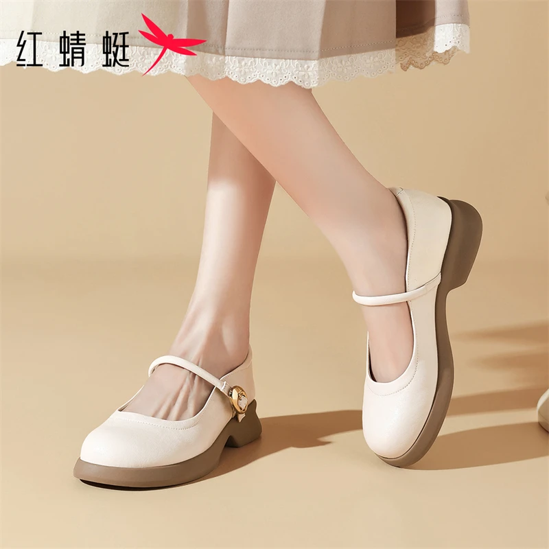 红蜻蜓时尚软底大头玛丽珍鞋女2025秋冬新款时尚休闲风通勤小皮鞋