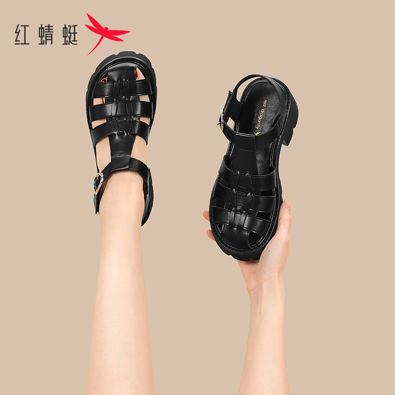 红蜻蜓镂空罗马凉鞋女款2025新款爆款时尚百搭复古英伦风休闲单鞋