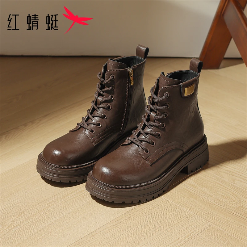 红蜻蜓复古圆头马丁靴女2025秋冬新款厚底粗跟英伦风系带百搭短靴