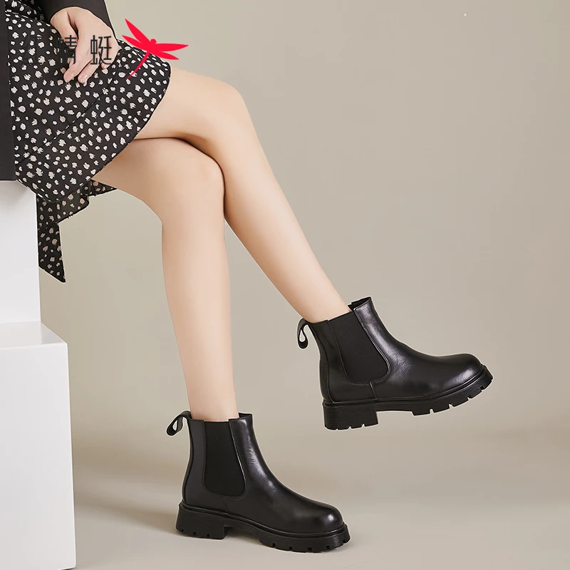 红蜻蜓马丁靴女款烟筒靴切尔西靴2023新款厚底真皮短靴女冬季女靴