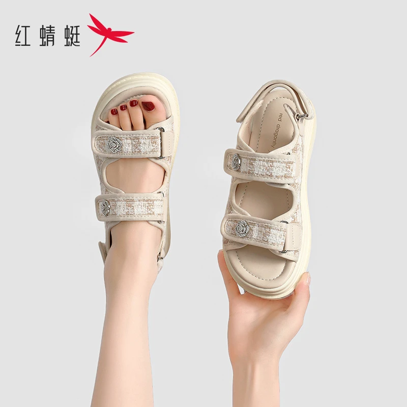 红蜻蜓运动凉鞋女2024年新款夏季魔术贴软底百搭休闲厚底沙滩鞋子