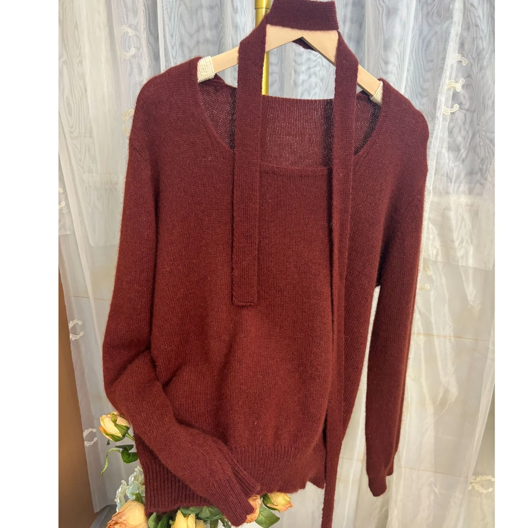 韩系气质套头毛衣方领飘带套头毛衣女秋季温柔松弛感软糯毛茸茸