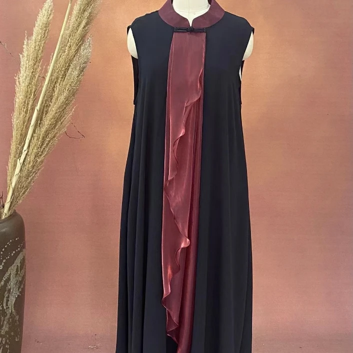 【大海轻奢】L24042-2新款红色拼纱盘扣设计师款时尚旗袍