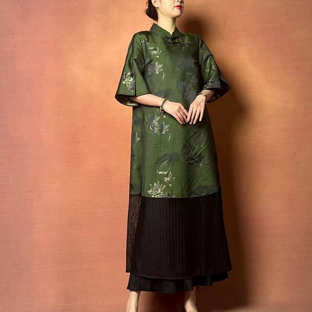 【大海轻奢】L1680-1新款绿色刺绣气质宽松夏季设计师款时尚旗袍