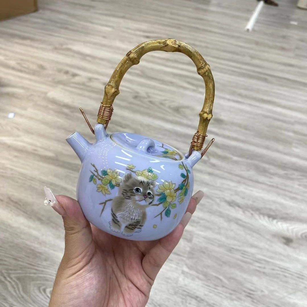 紫汝窑黄花猫咪提梁壶 A9074