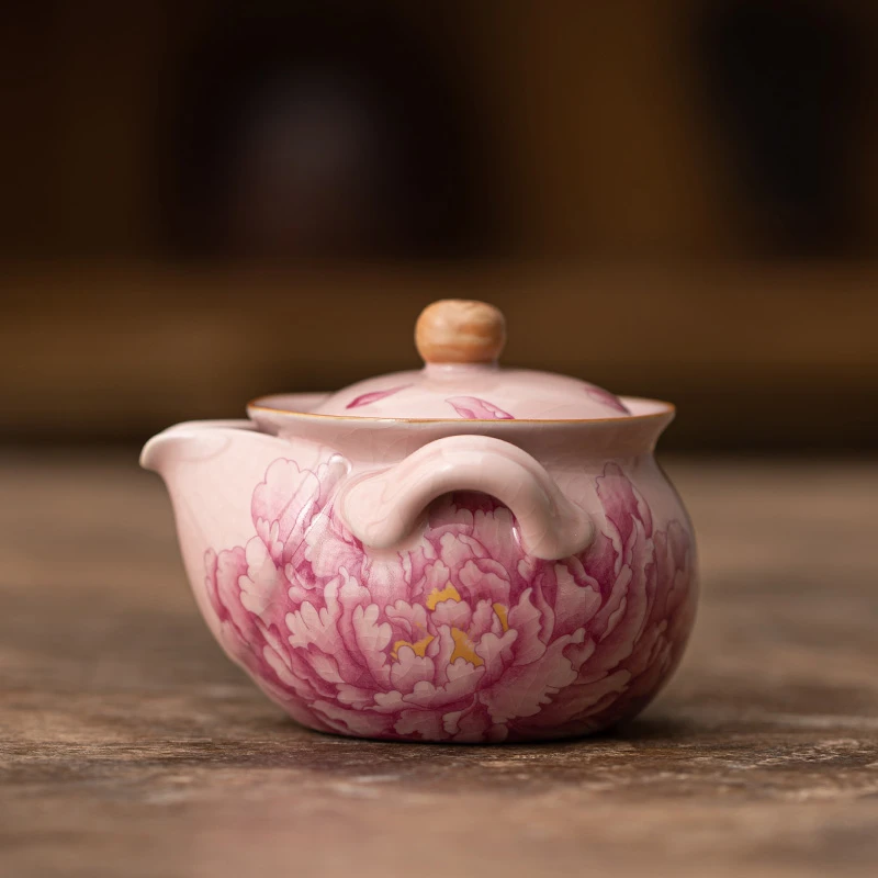 仿宋粉汝窑牡丹花手抓茶壶国色天香元宝壶 A11030