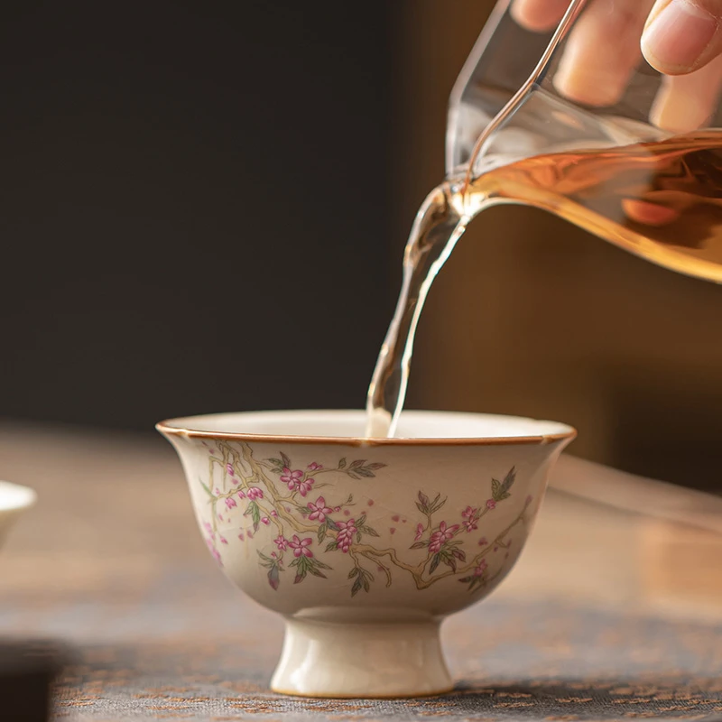 米黄汝窑高脚花口主人杯复古开片茶杯茶具 A8054