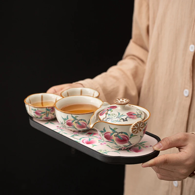 当代古道源黄汝窑九桃旅行套装便携快客泡茶组带茶盘 A8766(ZH855