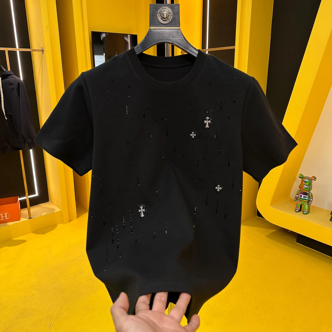 8868#早春重磅加厚短袖T恤男士轻奢时尚圆领潮流百搭修身重工烫钻