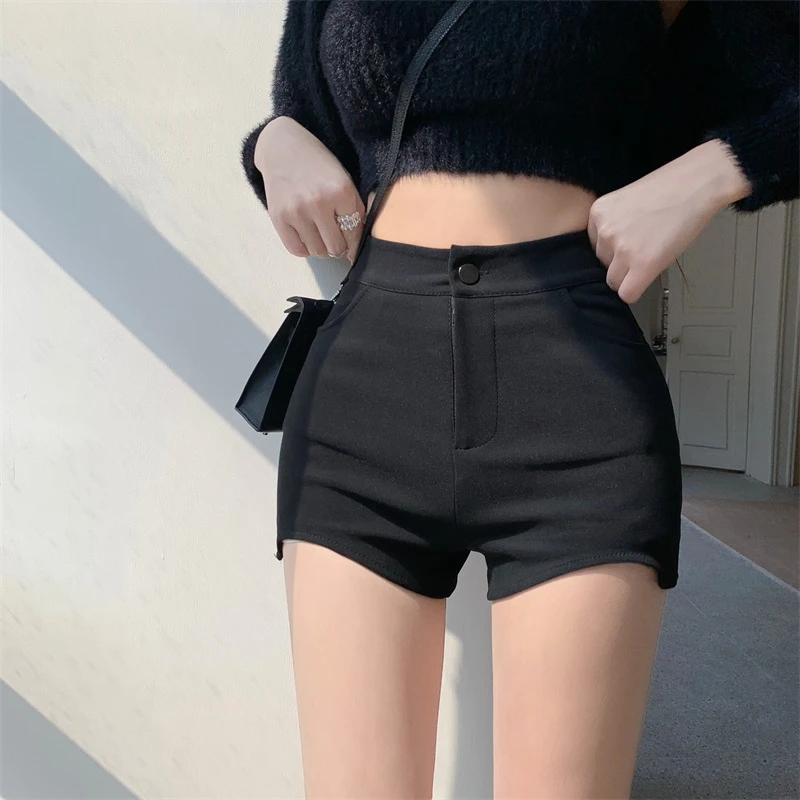 辣妹热裤高腰休闲裤女弹力紧身黑色短裤秋冬季加绒保暖打底裤子潮