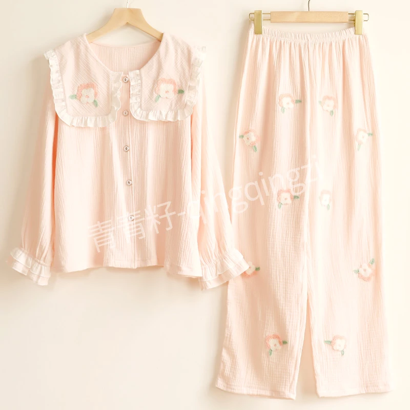 【日系小花6107】日系新款甜美绣花纯棉睡衣女长袖女士家居服套装