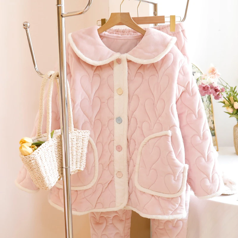 [5668] 三层夹棉睡衣长袖冬加厚冬季家居服套装甜美风韩版