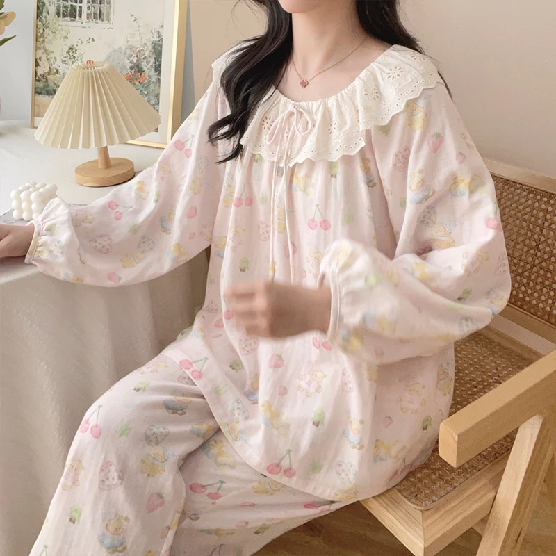 【5478樱桃小熊】长袖翻领甜美新纯棉薄外穿公主家居服睡衣宽松大码