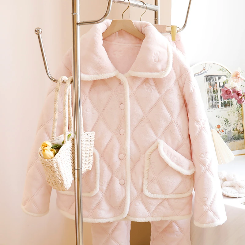 [5670] 三层夹棉睡衣长袖冬加厚冬季家居服套装甜美风韩版