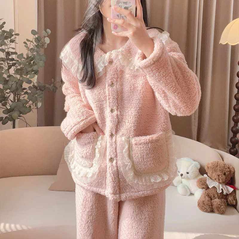 [5585厚绒] 泡泡绒睡衣长袖秋冬加厚冬季家居服套装甜美大码