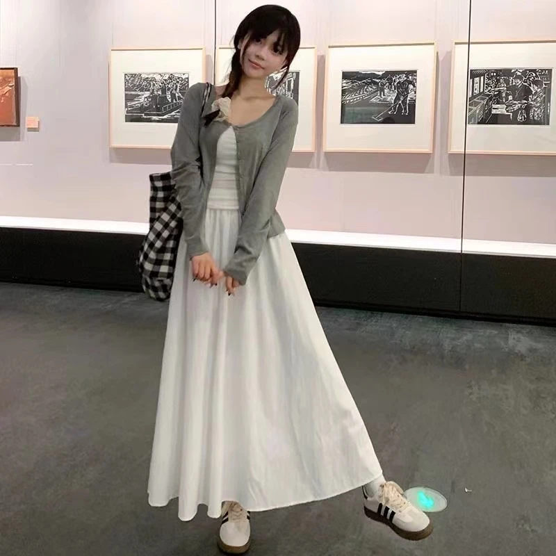 气质白色女夏季薄款2024新款中长款高腰a字显瘦小个子百褶长裤裙