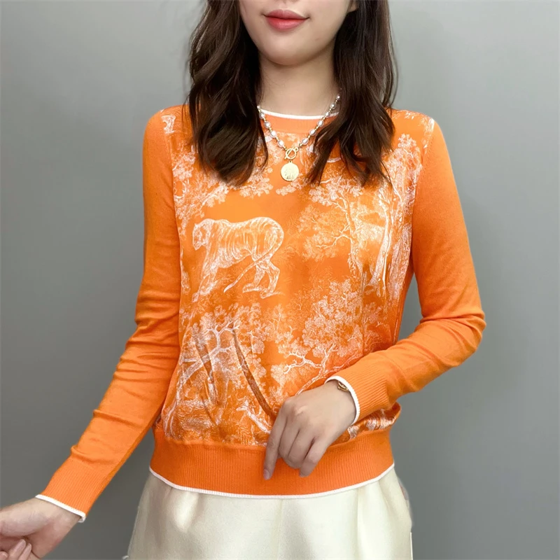 2025早春高端新品时尚圆领修身重工印花套头女士打底上衣-71K